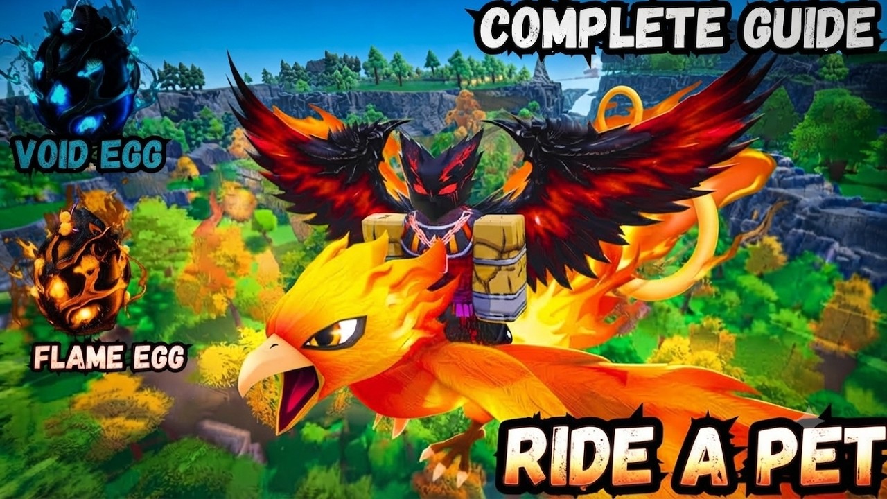 Ride A Pet gameplay video artwork showing a player riding a Phoenix with Flame and Void Eggs