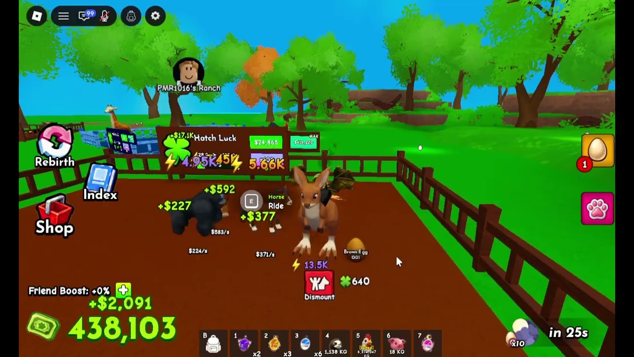 Ride A Pet gameplay showing a ranch, mounted pet, cash, hatch luck and the Rebirth control