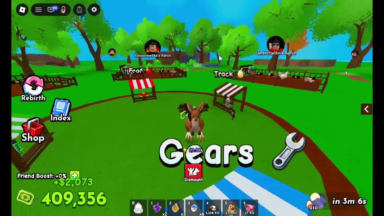 Ride A Pet gameplay showing the Track and Gears stalls near player ranches